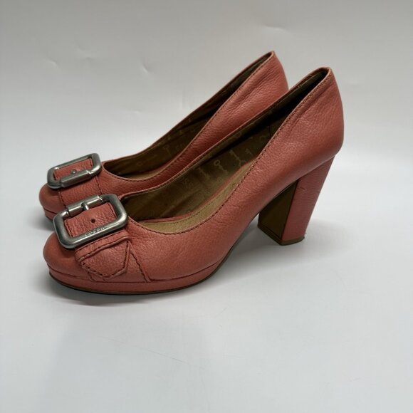 Fossil Women's Leather‎ Heels Size 9 Coral Buckle Toe Block Heel Retro Style - Picture 2 of 15